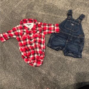 OshKosh B'gosh Red Plaid Bodysuit and Denim Overalls